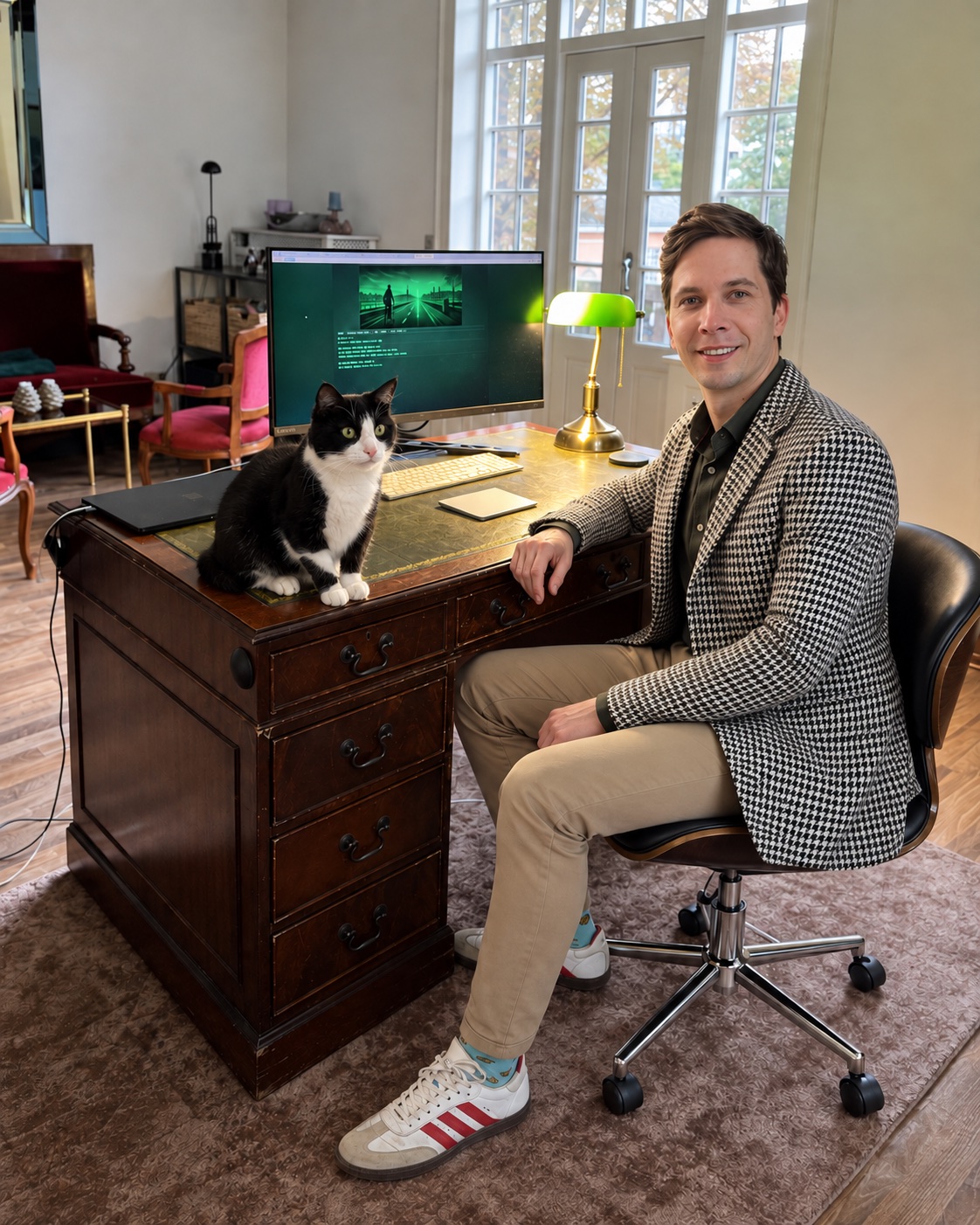 Vasily Ryabov working at his desk with Fili